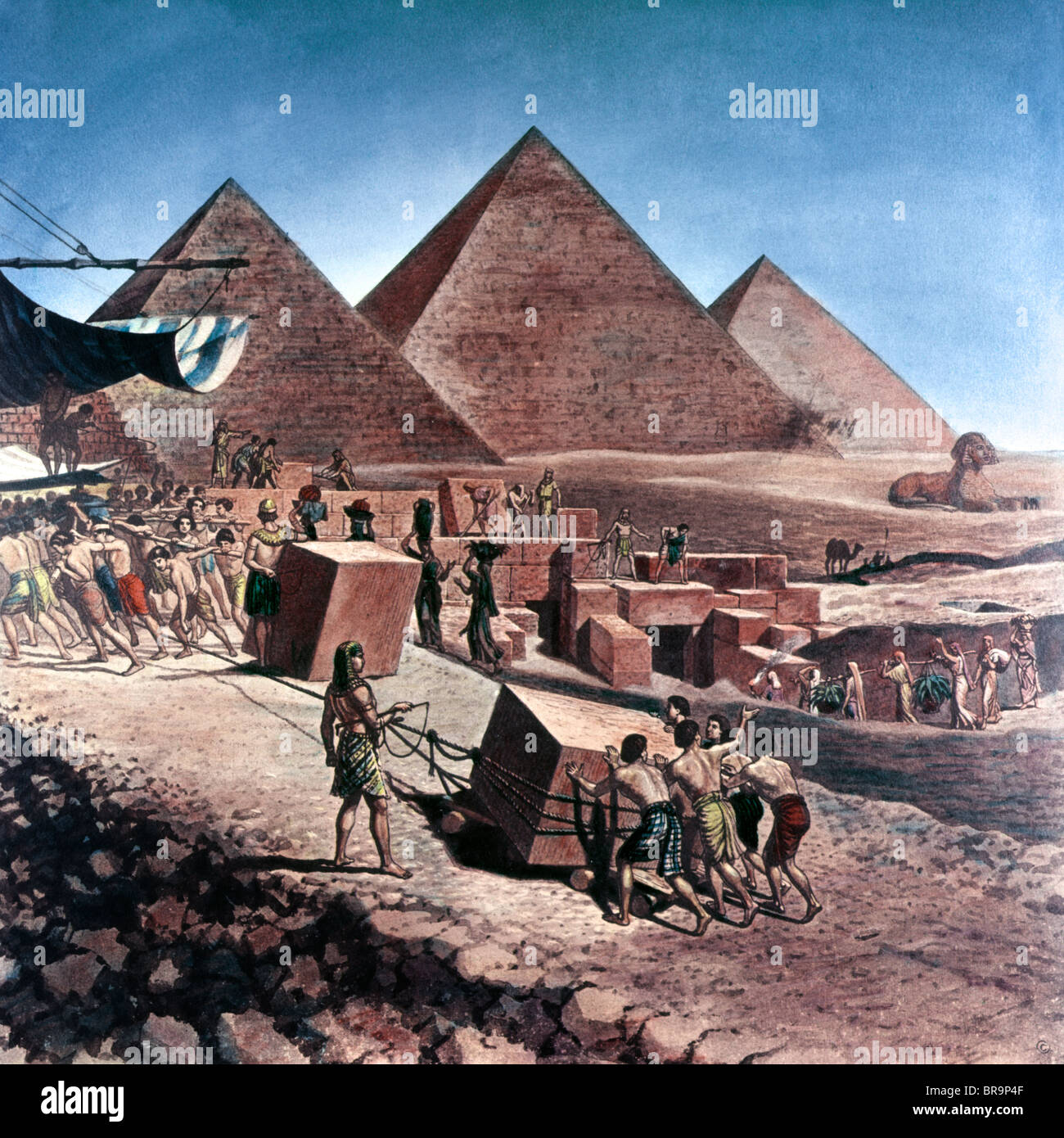 ILLUSTRATION SEVEN WONDERS OF THE ANCIENT WORLD 2150 BC PYRAMIDS OF EGYPT SLAVES WORKERS MOVING LARGE STONES UP RAMP Stock Photo