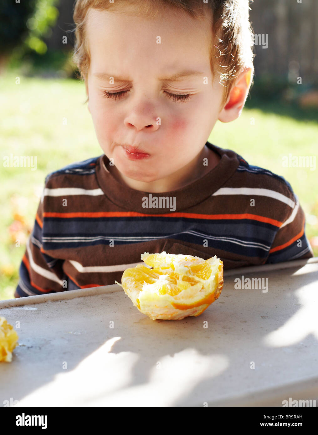 Young boy eating an orange Stock Photo Alamy
