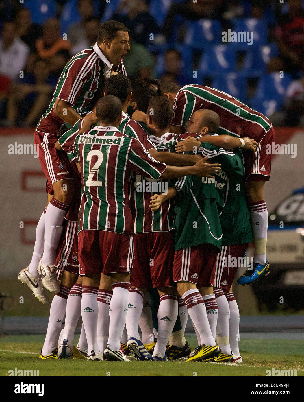Fluminense celebrate their sides first goal by Leandro during the Flamengo V Fluminense, Futebol Brasileirao Football match. Stock Photo