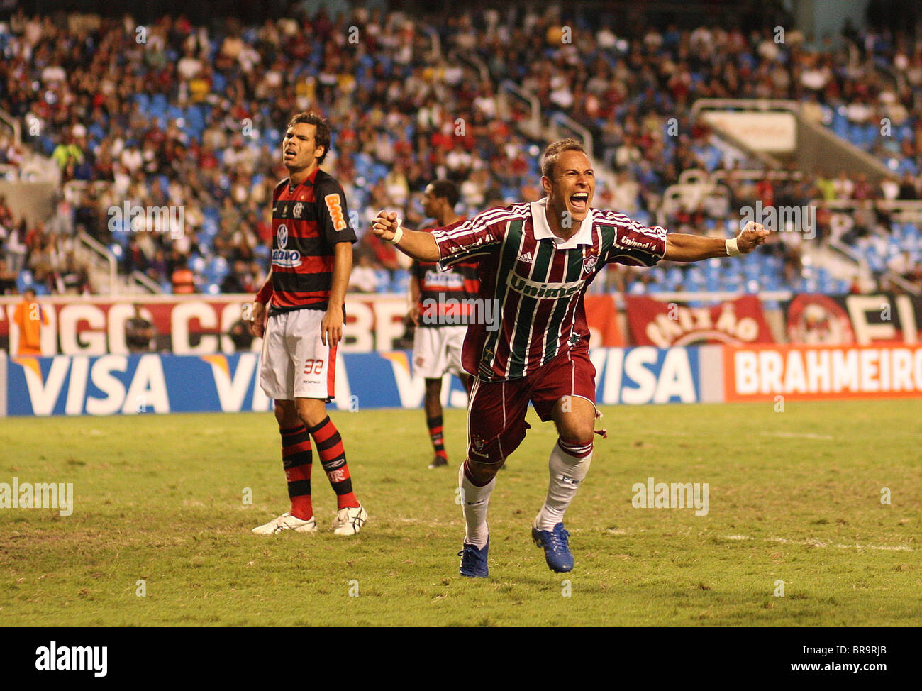 Fluminense striker Rodriguinho celebrates after scoring his sides third goal during the Flamengo V Fluminense, Football match. Stock Photo