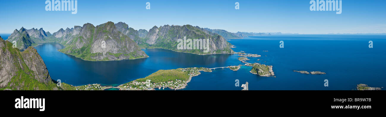 Panoramic view from summit of Reinebring over Reine and surrounding islands, Lofoten islands, Norway Stock Photo