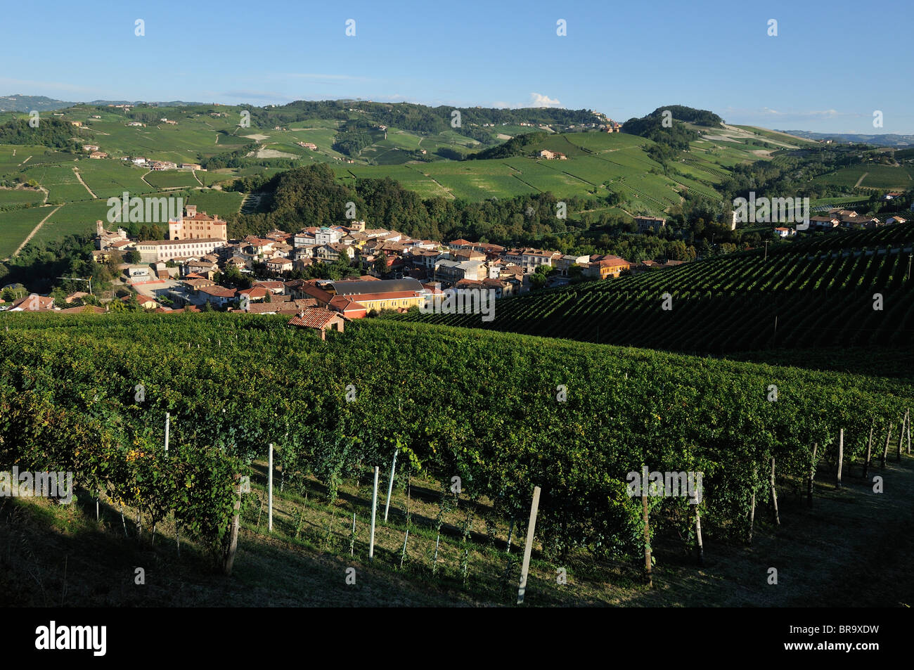 Barolo. Italy. The small town of Barolo nestled amongst vineyards in the Langhe region of Piedmont. Stock Photo