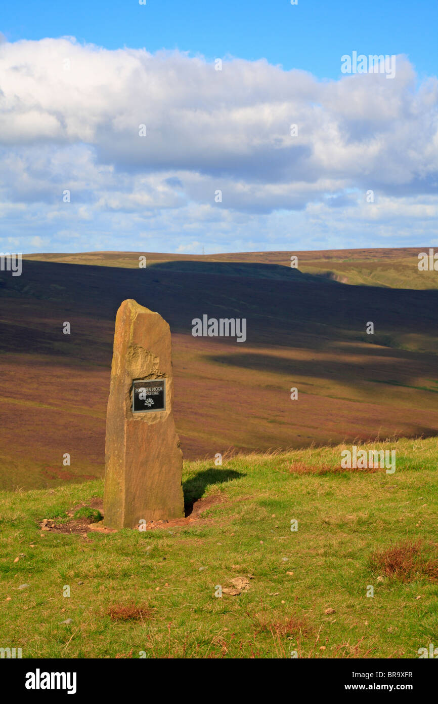 Marsden Moor Heritage Trail stone marker on the summit of Pule Hill