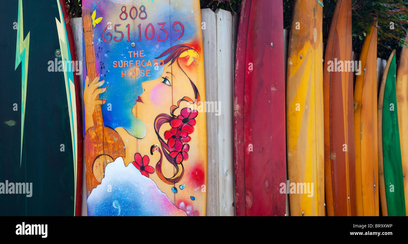 Hanalei, Kauai, Hawaii Exterior fence of surfboards at the Kauai