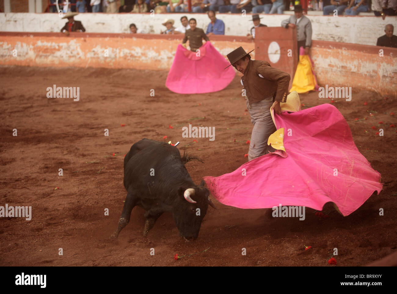 A bullfighter performs during a bullfight in Mexico City Stock Photo