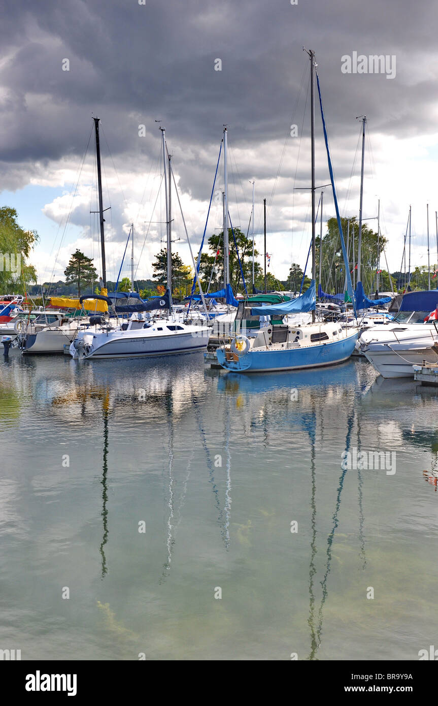 Barrie Ontario with boats in the harbour, darks clouds Stock Photo