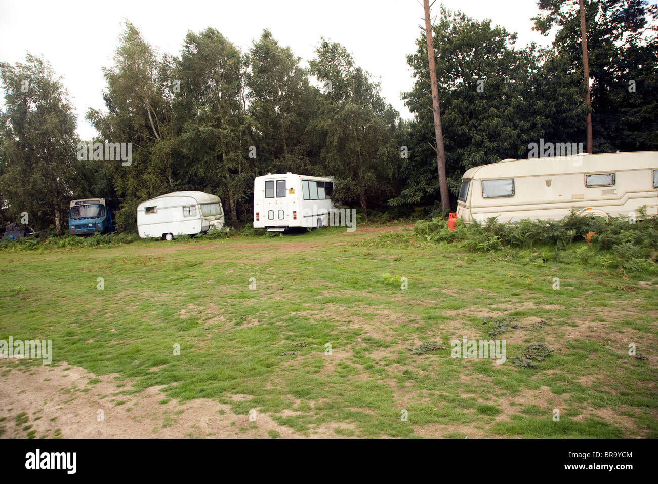 Small new age travellers site Sutton Heath, Suffolk, England Stock Photo