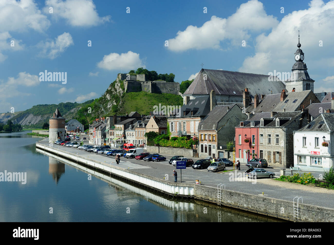West bank of border town of Givet overlooked by the Fort de Charlemont in Ardennes region of France Stock Photo