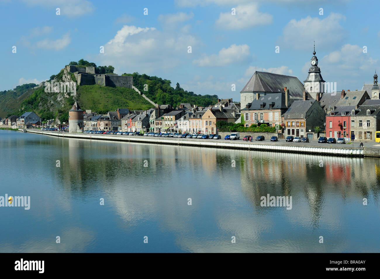 West bank of border town of Givet overlooked by the Fort de Charlemont in Ardennes region of France Stock Photo