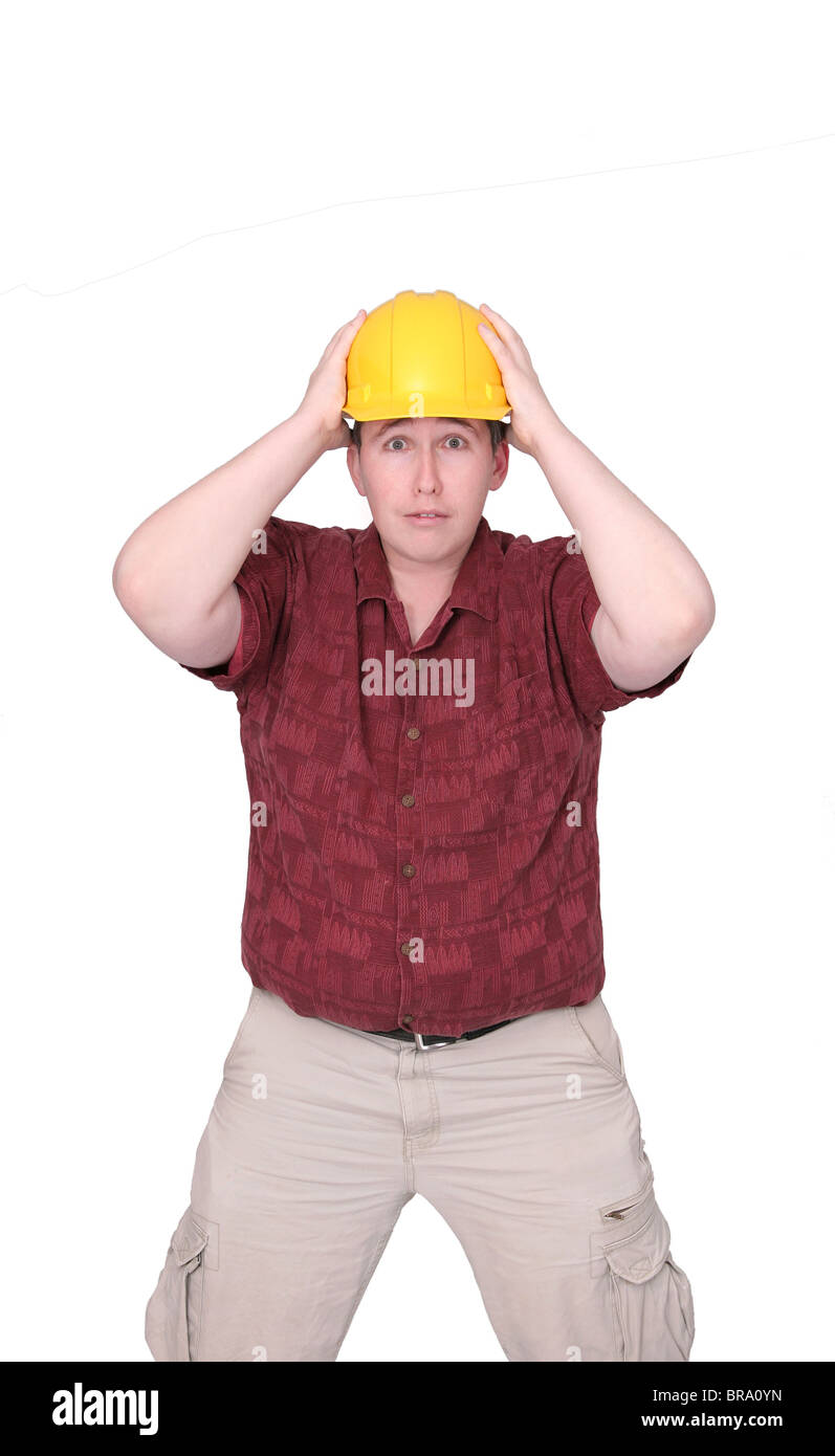 one thirties construction worker with hardhat over white Stock Photo