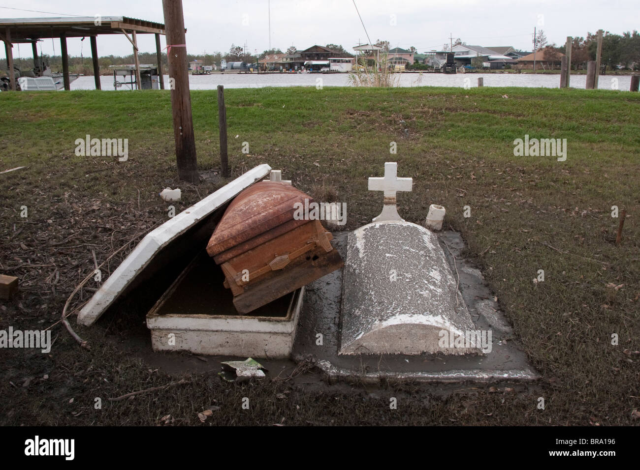Caskets in a cemetery along the bayou risen from the ground after