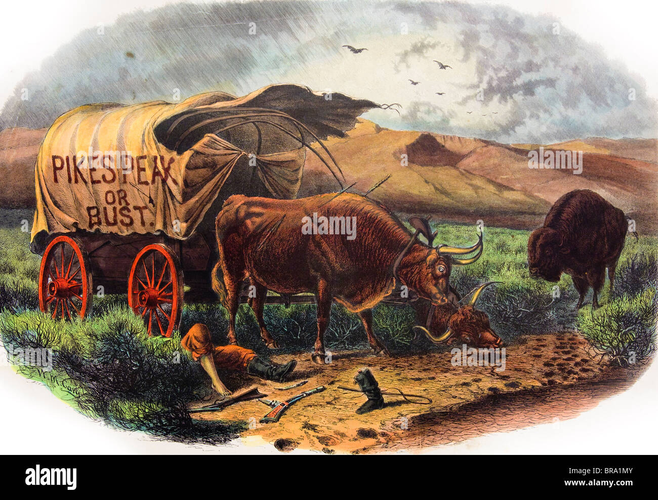 1800s 1859 DEAD PIONEER UNDER COVERED WAGON PIKES PEAK OR BUST SLOGAN OXEN BISON VULTURES COLORADO GOLD RUSH Stock Photo