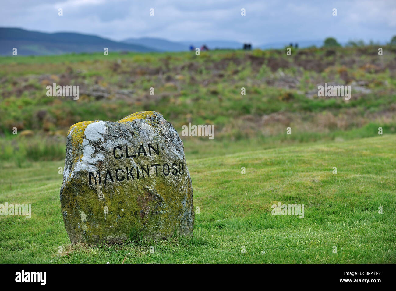 One of the headstones that mark the mass graves of fallen Jacobite soldiers at the Culloden battlefield, Scotland, UK Stock Photo