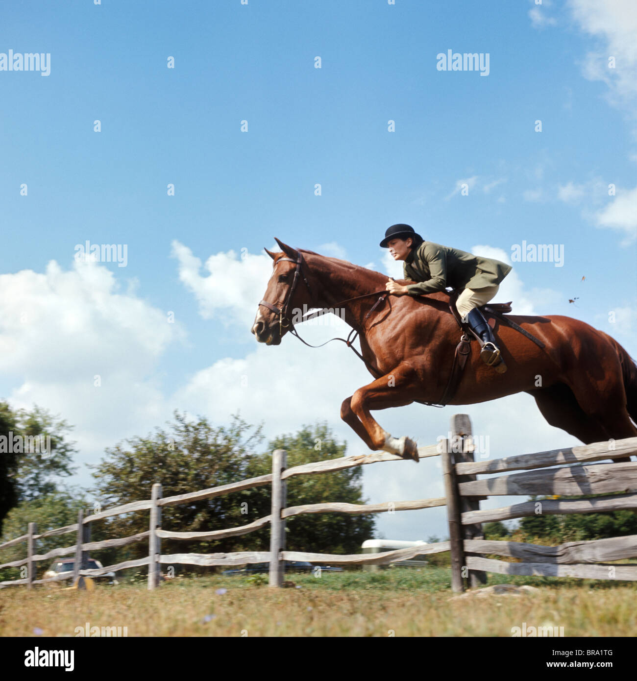 1970s WOMAN EQUESTRIAN RIDER JUMPING OVER SPLIT RAIL FENCE DURING