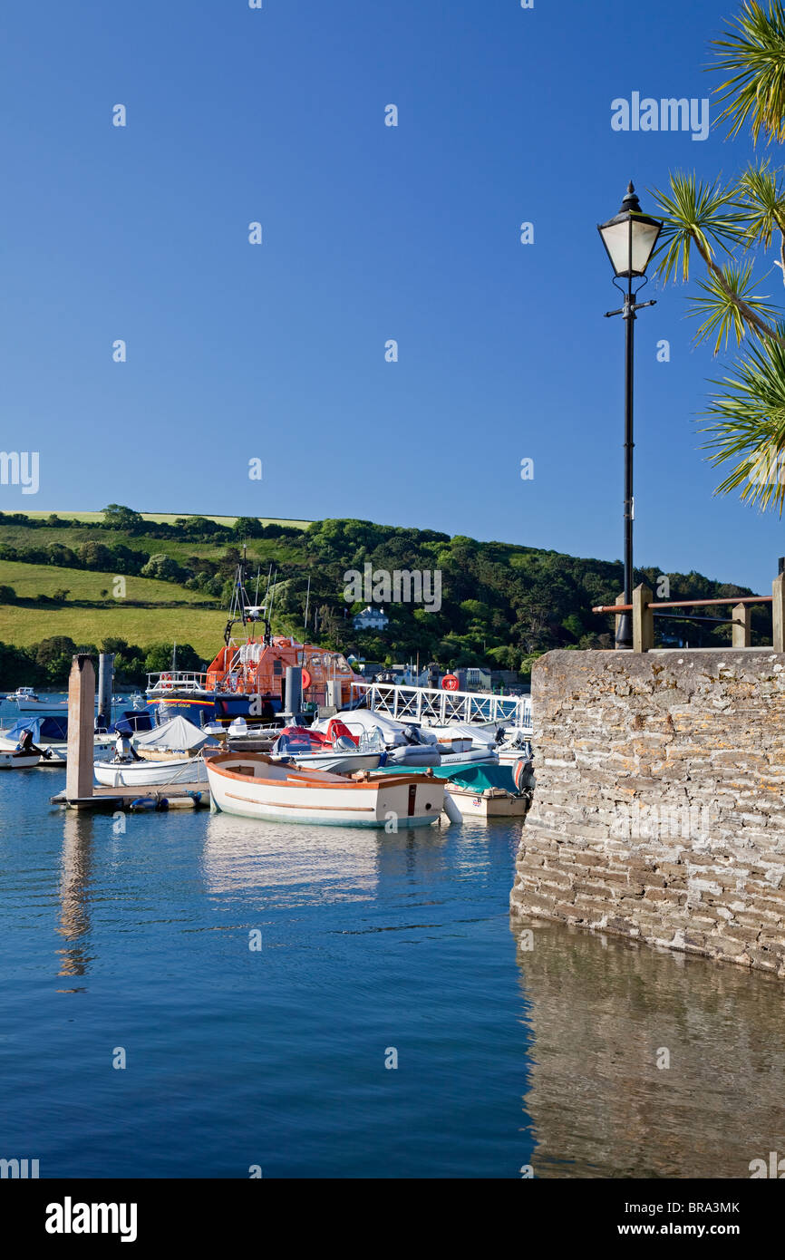 Island Quay with moorings and distant Lifeboat, Salcombe, South Hams, Devon, England, UK Stock Photo