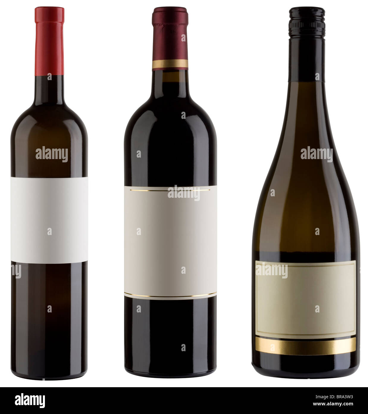 Three unlabeled wine bottles isolated with clipping path Stock Photo