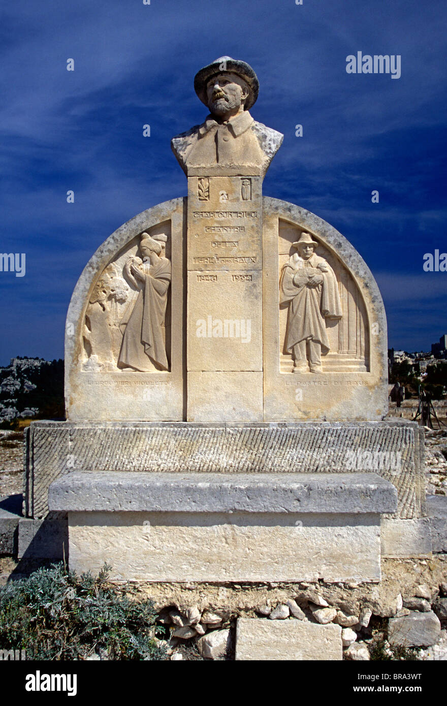 Statue of Charloun Rieu, Chateau des Baux, village of, Les Baux-de-Provence, Provence, France, Europe Stock Photo