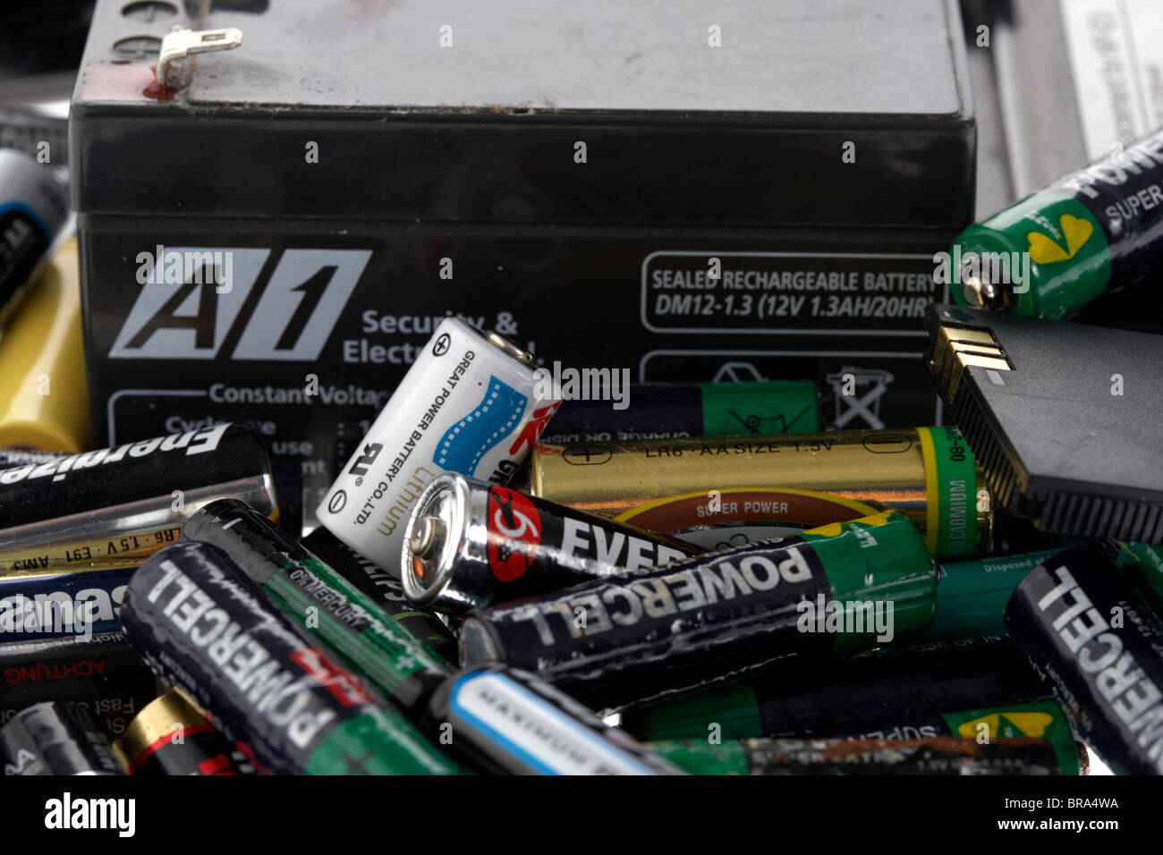 pile of used batteries for recycling Stock Photo