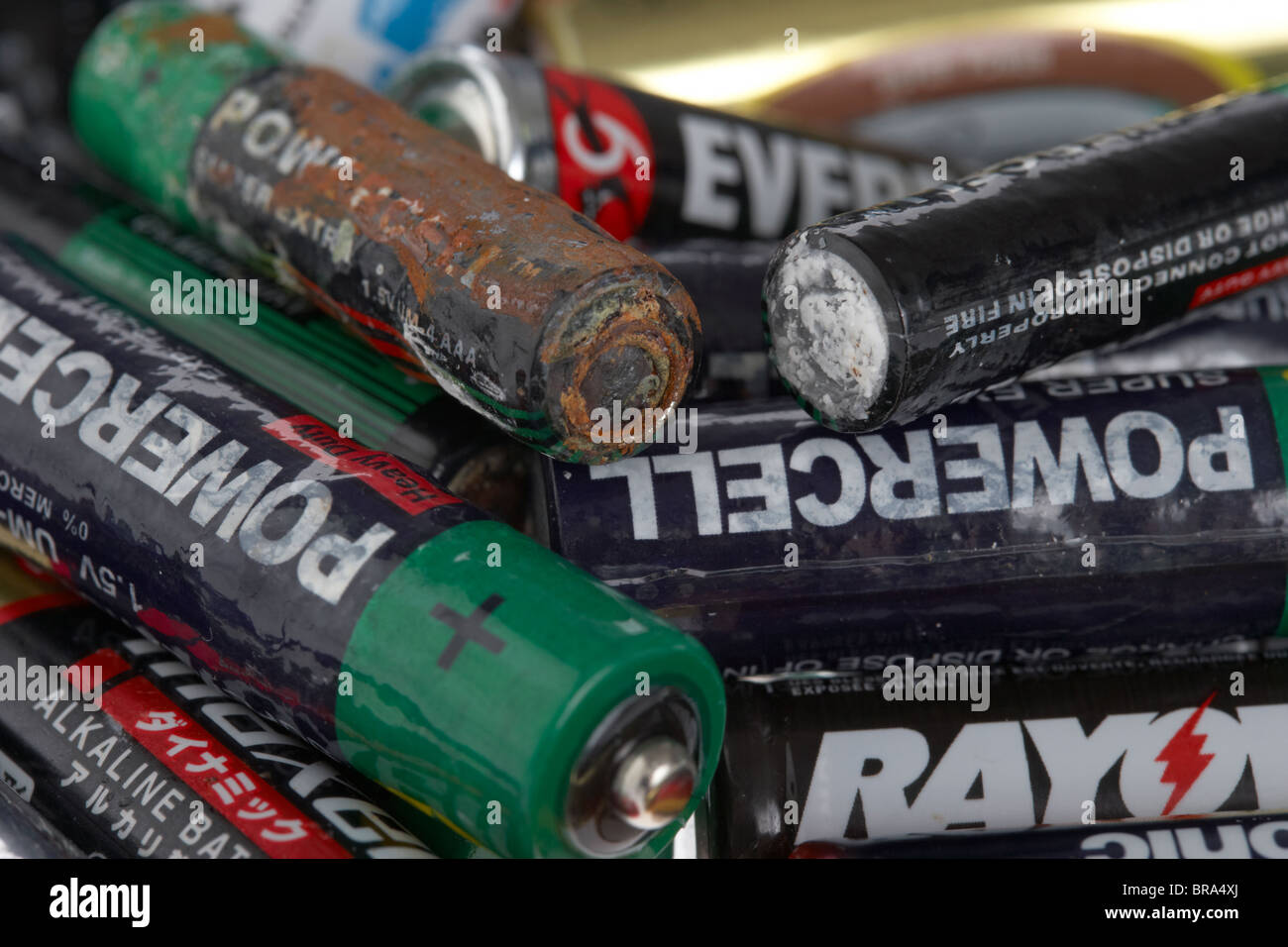 pile of used corroding batteries Stock Photo