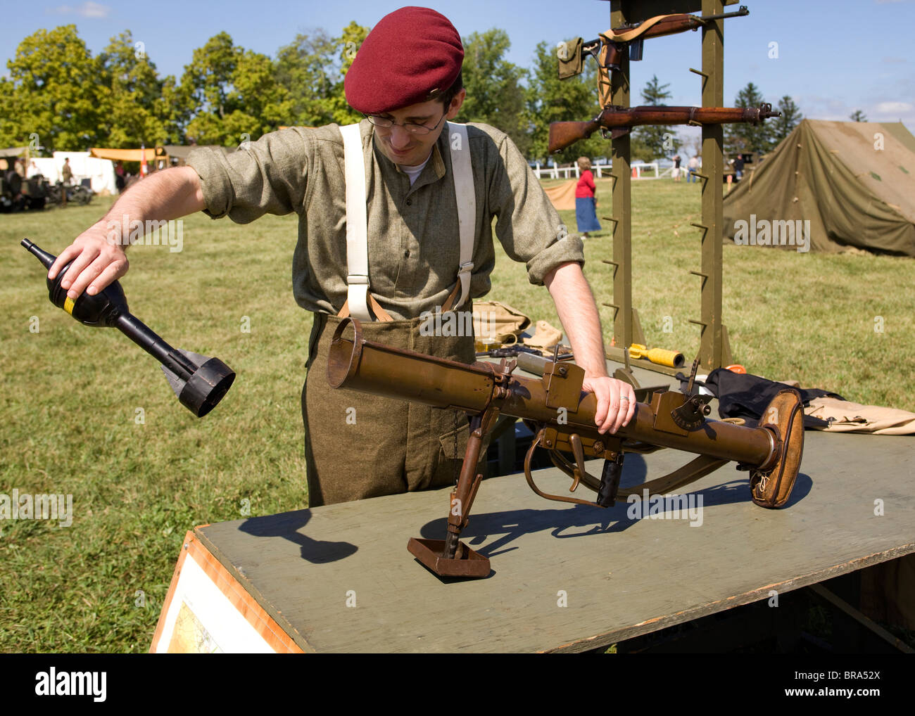 WWII era Canadian Army reenactor showing the PIAT Stock Photo - Alamy