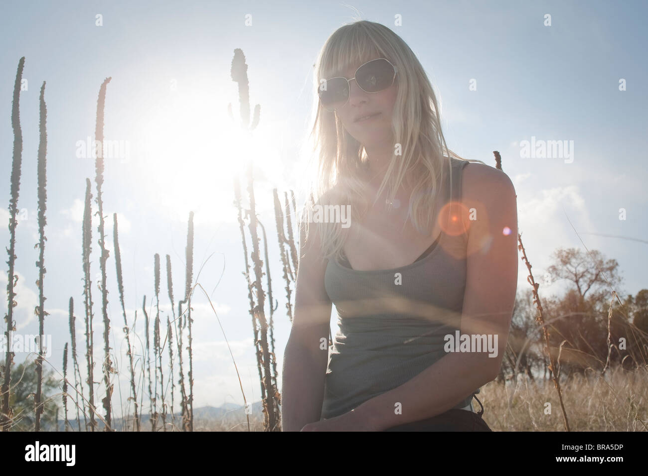 girl sits in sun and field Stock Photo