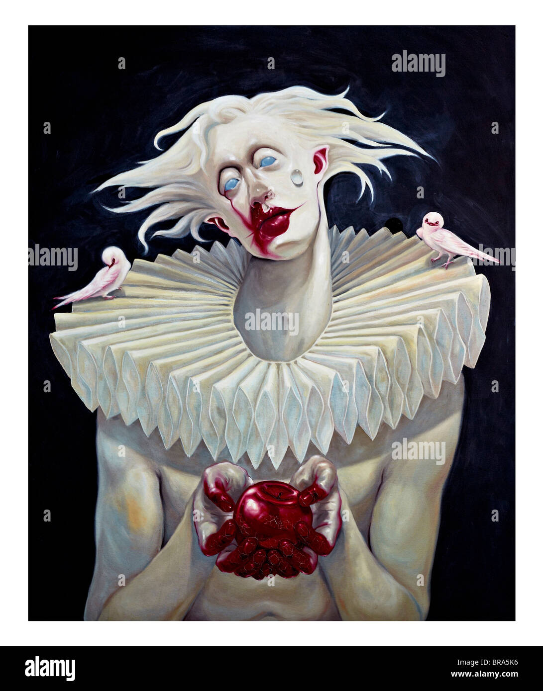 Surreal art. Surrealistic painting and fantasy art of a female white clown. Stock Photo