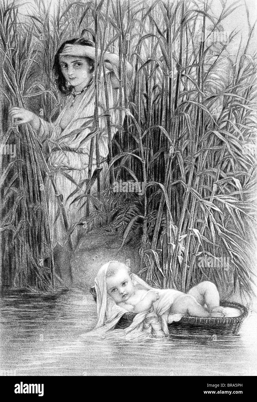 BABY MOSES IN THE BULLRUSHES VINTAGE ENGRAVING Stock Photo