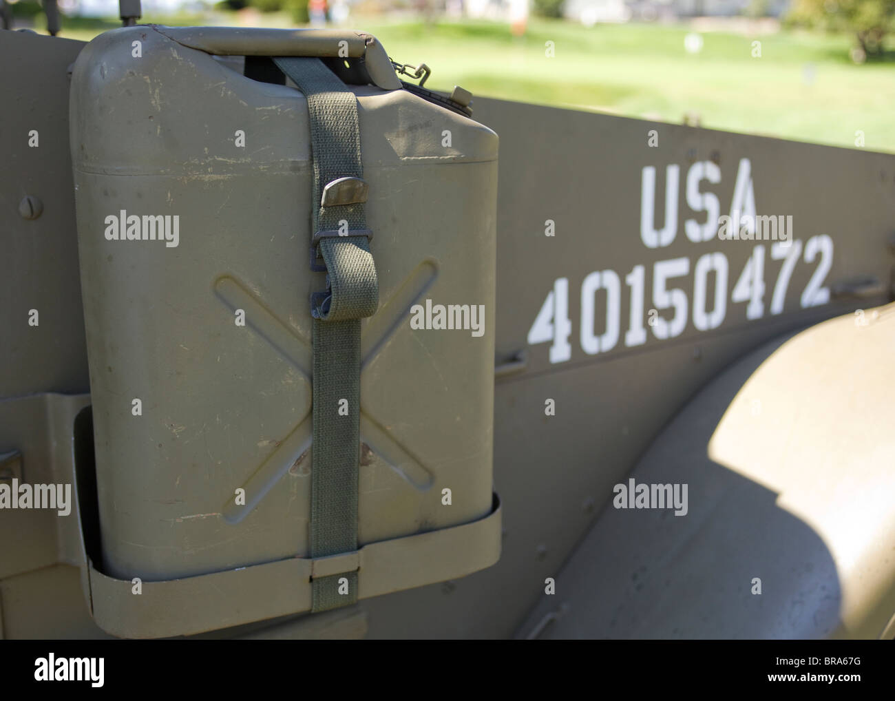 WWII era metal gas tank mounted on US military truck - USA Stock Photo