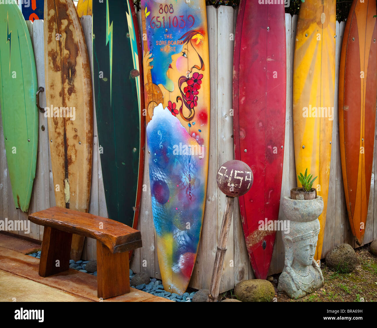 Hanalei, Kauai, Hawaii Exterior fence of surfboards at the Kauai