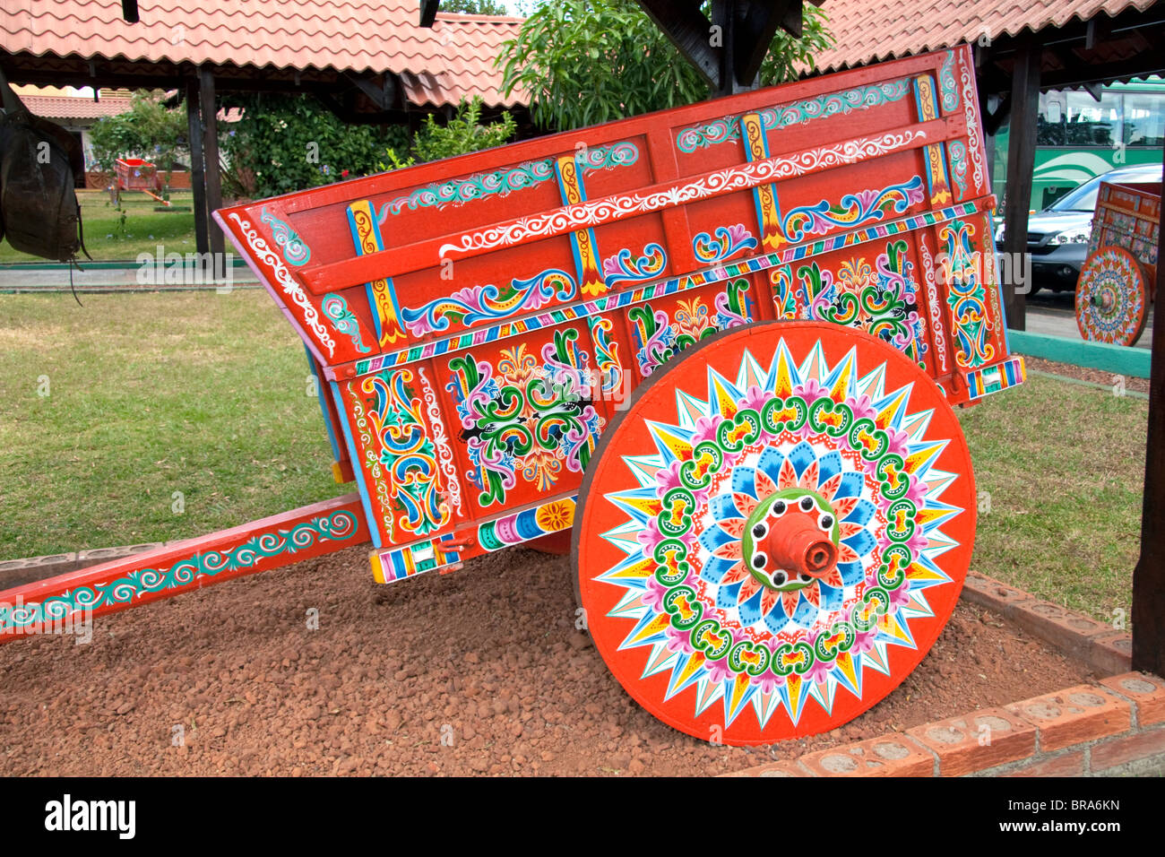 Carretas are elaborately painted oxcarts in the city of Sarchi Norte, Costa Rica. Stock Photo