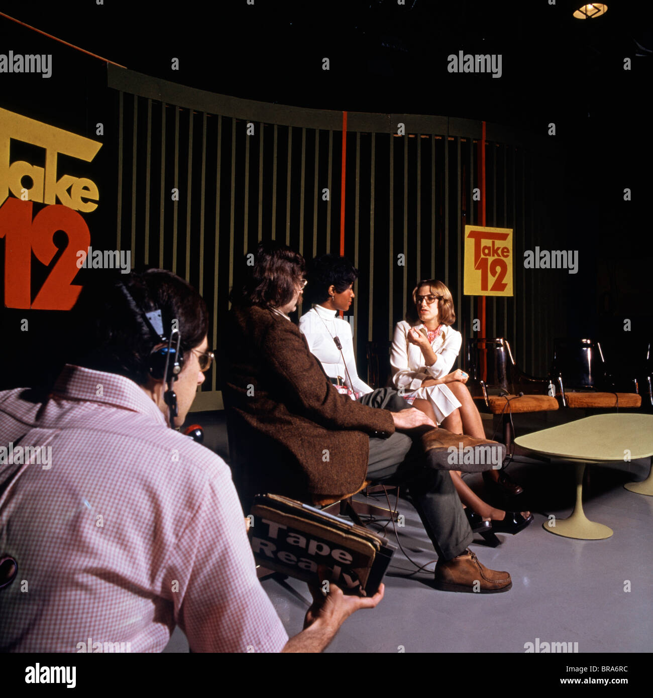 1970 1970s RETRO TELEVISION STUDIO SET INTERVIEW Stock Photo