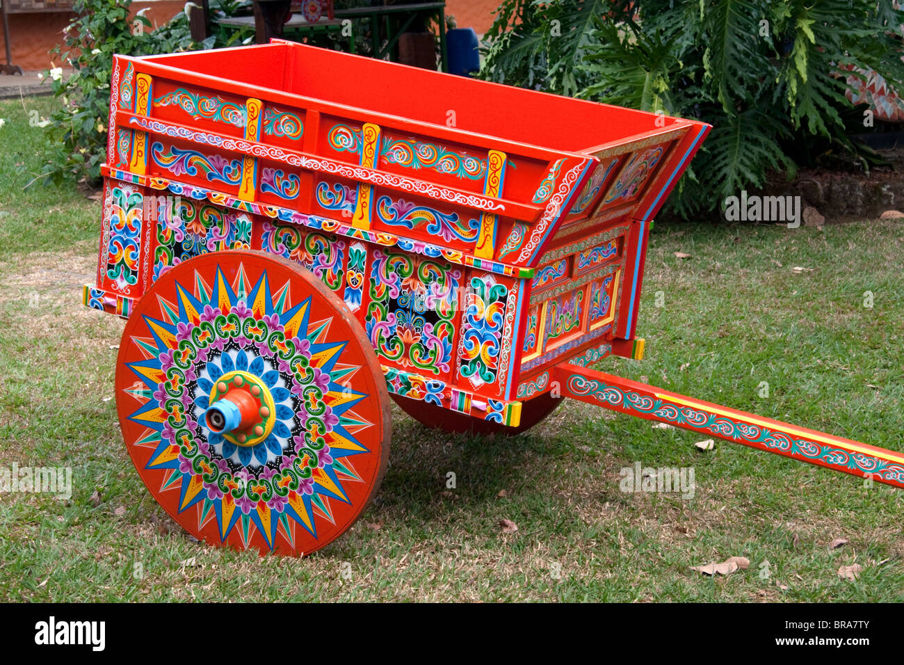 Carretas are elaborately painted oxcarts in the city of Sarchi Norte, Costa Rica. Stock Photo