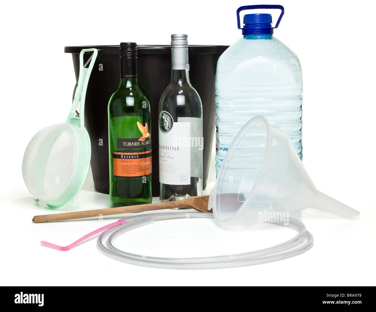 Basic essential wine making equipment for those on a budget. Stock Photo