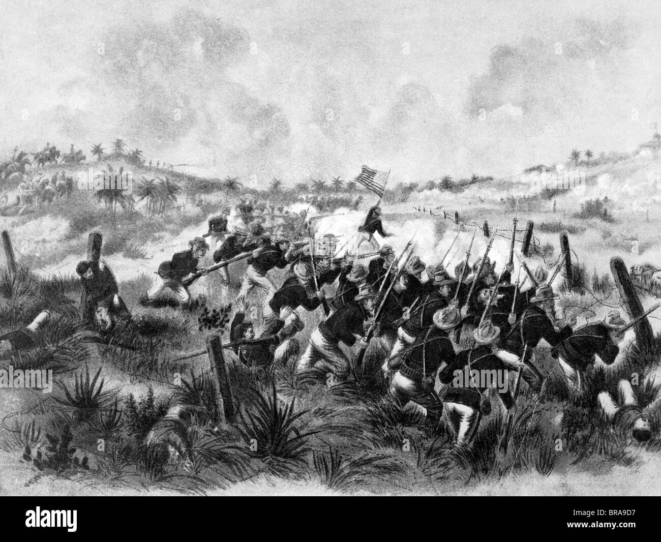 1800s 1890sILLUSTRATION CHARGE OF AMERICAN TROOPS UP SAN JUAN HILL JULY 1 1898 DURING SPANISH AMERICAN WAR Stock Photo