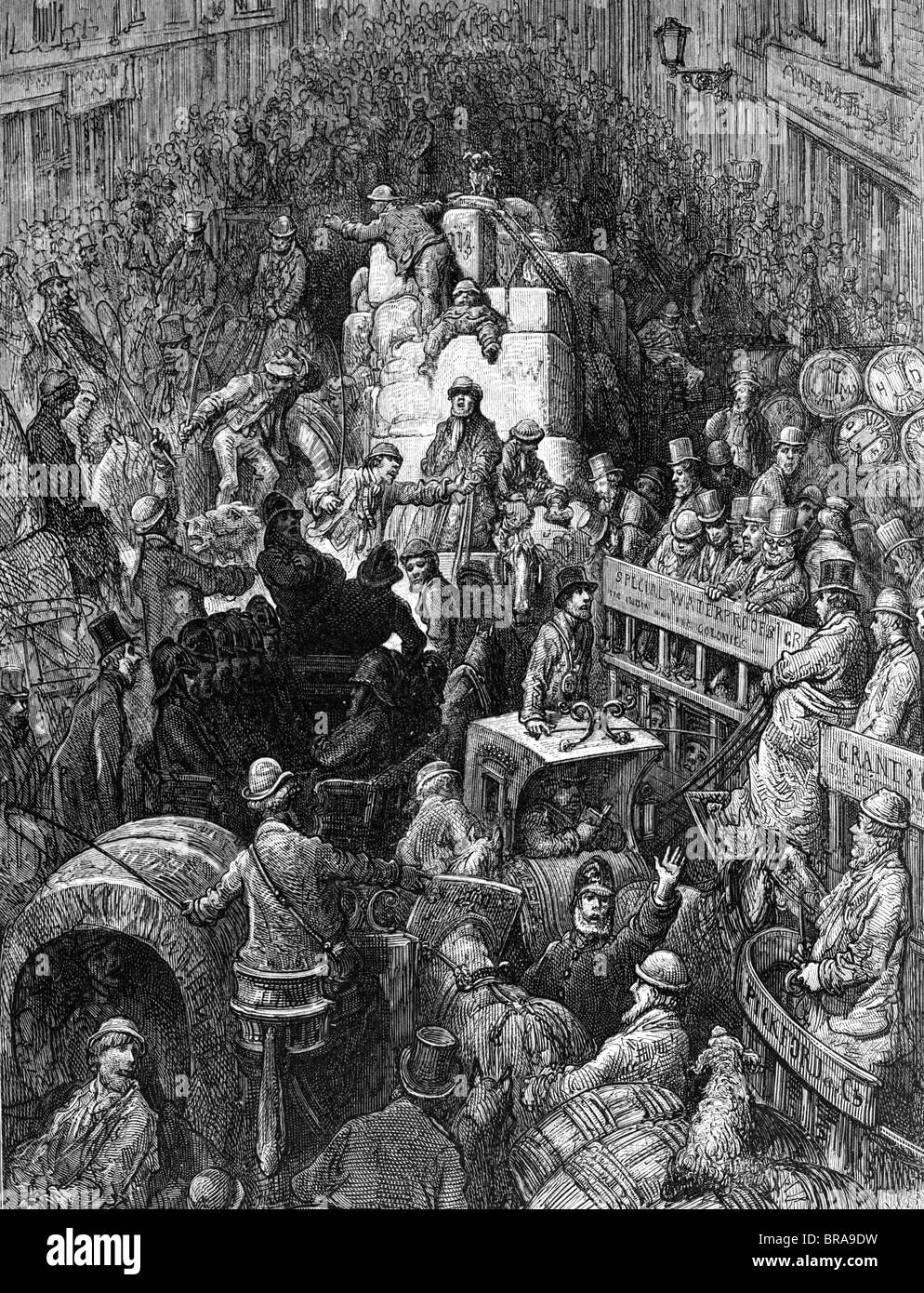 1800s 19TH CENTURY ILLUSTRATION OF A CITY THOROUGHFARE CROWDED LONDON STREET WITH PEDESTRIANS AND WAGONS IN A TRAFFIC JAM Stock Photo