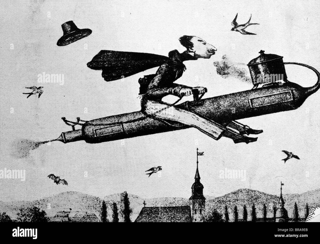 1800s ILLUSTRATION OF MAN RIDING A STEAM ROCKET IN THE SKY Stock Photo