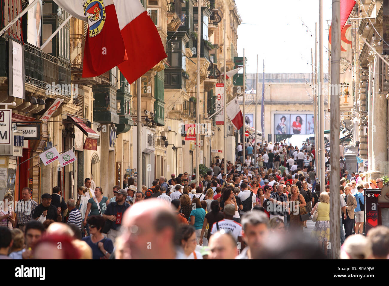 The main street pedestrianized in Valletta Malta. Stock Photo