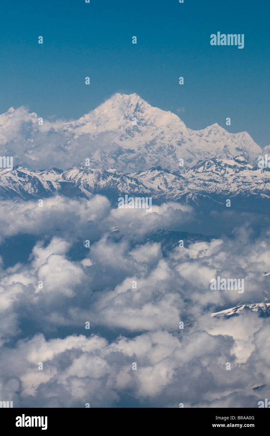 Aerial photo of the Himalayas with the world's third highest mountain, Kanchenjunga, Bhutan, Asia Stock Photo