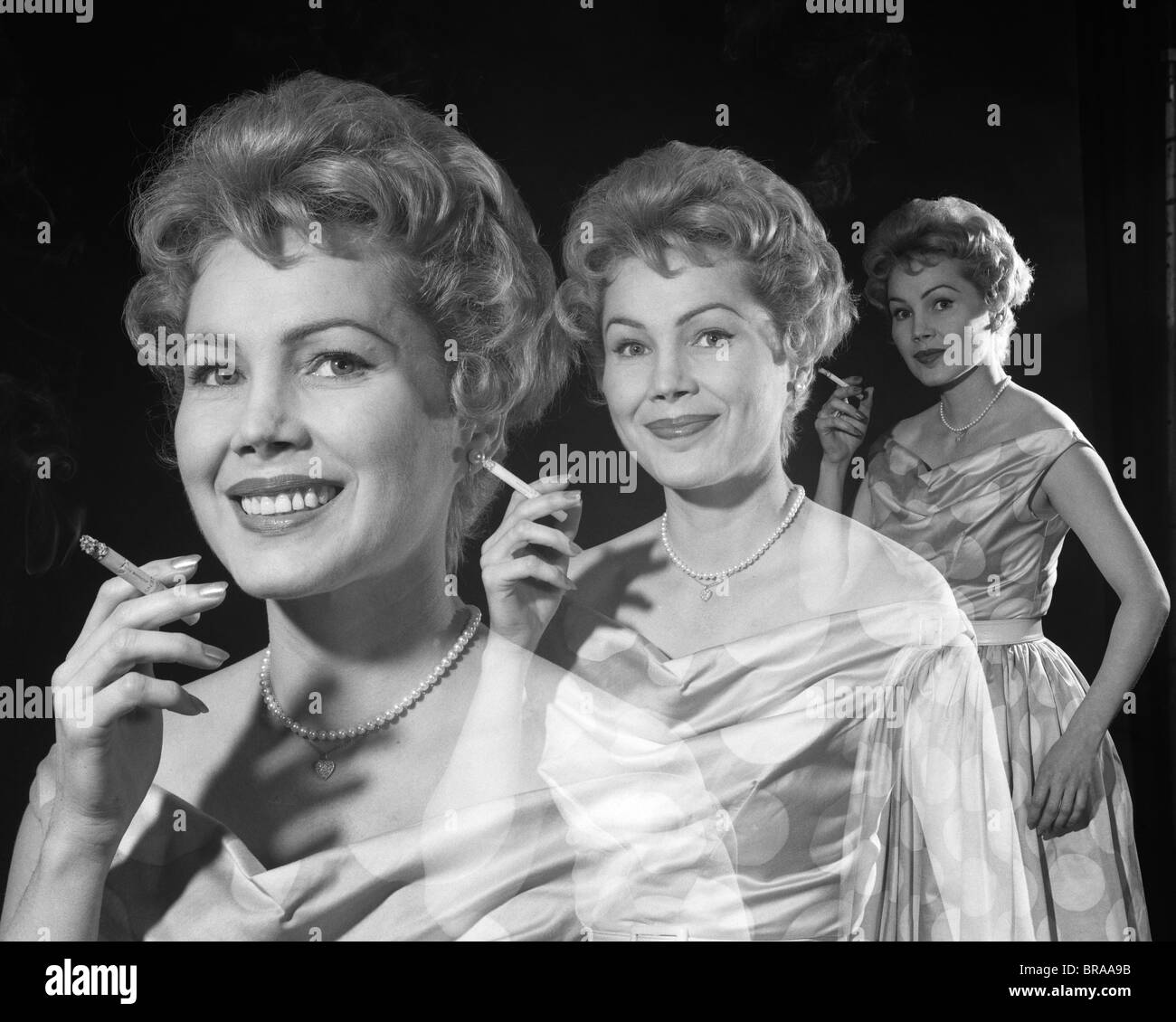 1950s MULTIPLE EXPOSURE OF SMILING WOMAN SMOKING A CIGARETTE 3 SEPARATE VIEWS Stock Photo