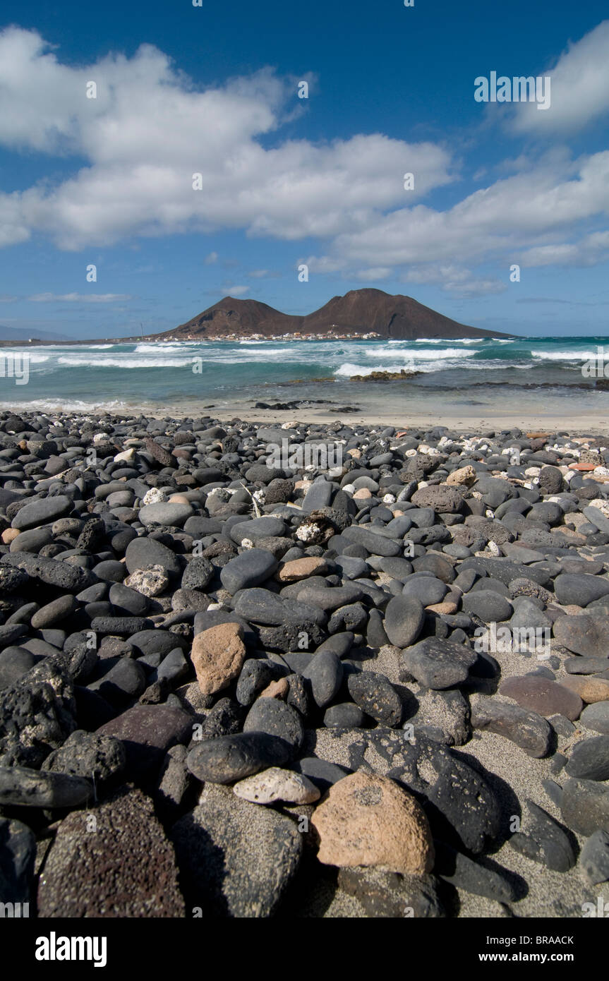 Volcanic cone and beach with pebbles, San Vincente, Cape Verde Islands, Atlantic, Africa Stock Photo