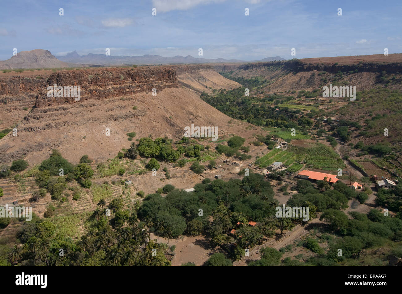 View through valley, Ciudad Velha (Cidade Velha), Santiago, Cape Verde Islands, Africa Stock Photo