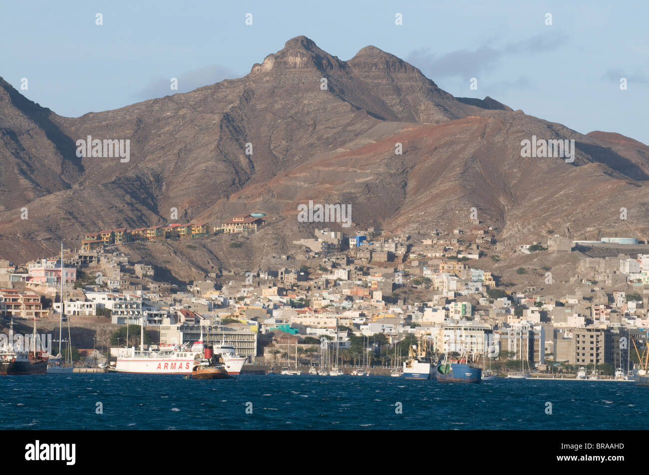 View over fishing port and city, San Vincente, Mindelo, Cape Verde Islands, Atlantic, Africa Stock Photo