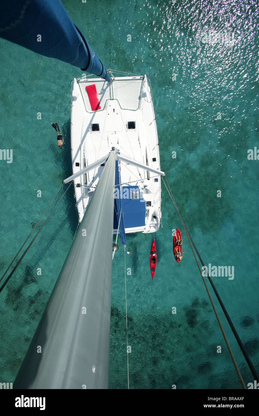 Kayak, snorkeler and open kayak viewed from the masthead of Moorings