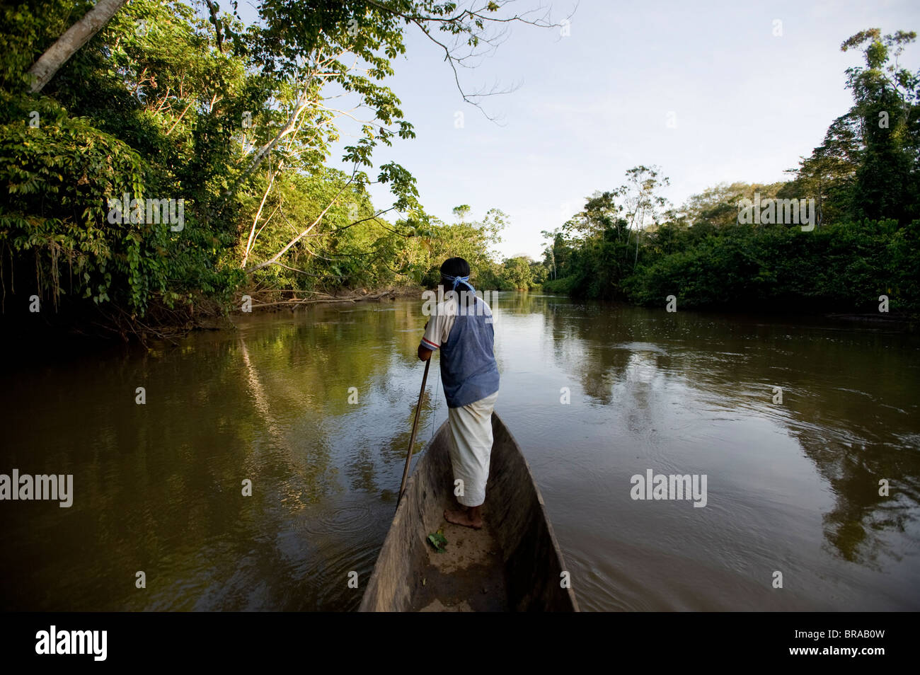 An Achuar man spear fishing on a tributary of the Amazon, Ecuador, South America Stock Photo