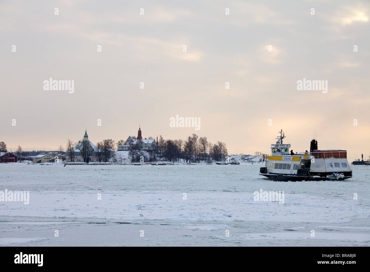 Ferry and Blekholmen island viewed from the harbour, Helsinki, Finland, Scandinavia, Europe Stock Photo