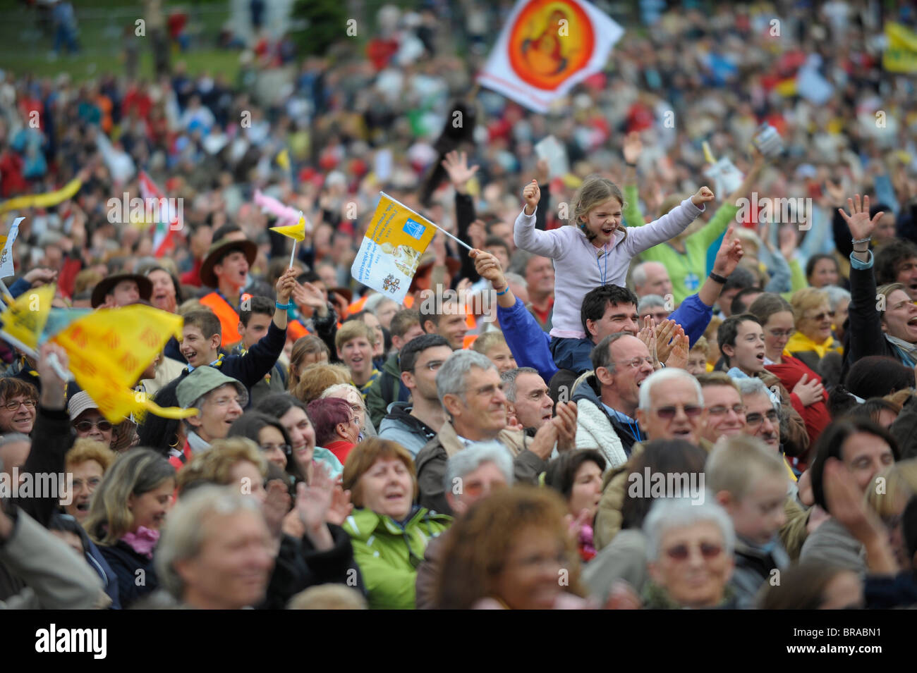 Worshippers during the Pope's visit to Lourdes, Hautes Pyrenees, France, Europe Stock Photo