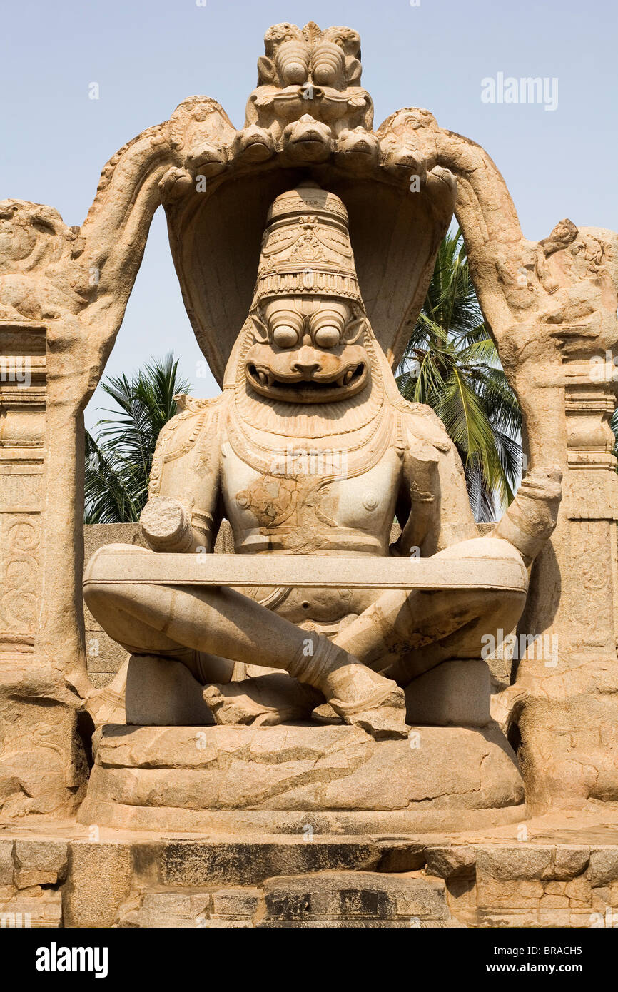 The Narasimha Monolith from 1528 AD shows Vishnu as half-lion, half-man at Hampi, UNESCO, Karnataka, India, Asia Stock Photo