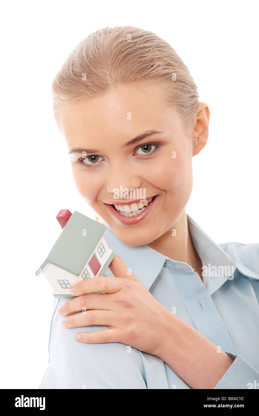 Young beautiful business woman with house model - real estate Stock ...