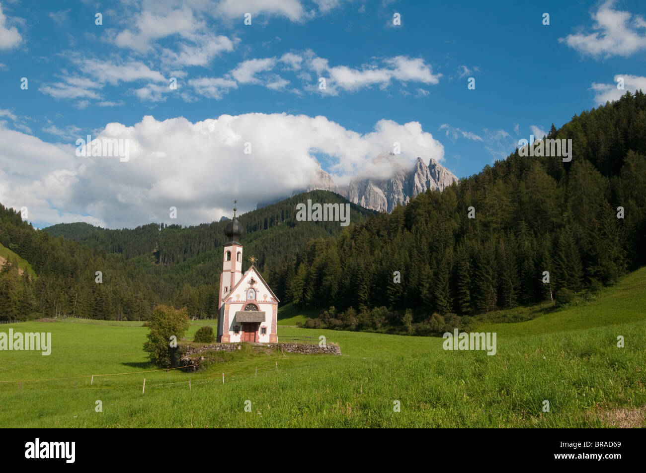 St. Johann Church, Funes Valley (Villnoss), Dolomites, Trentino Alto Adige, South Tyrol, Italy, Europe Stock Photo