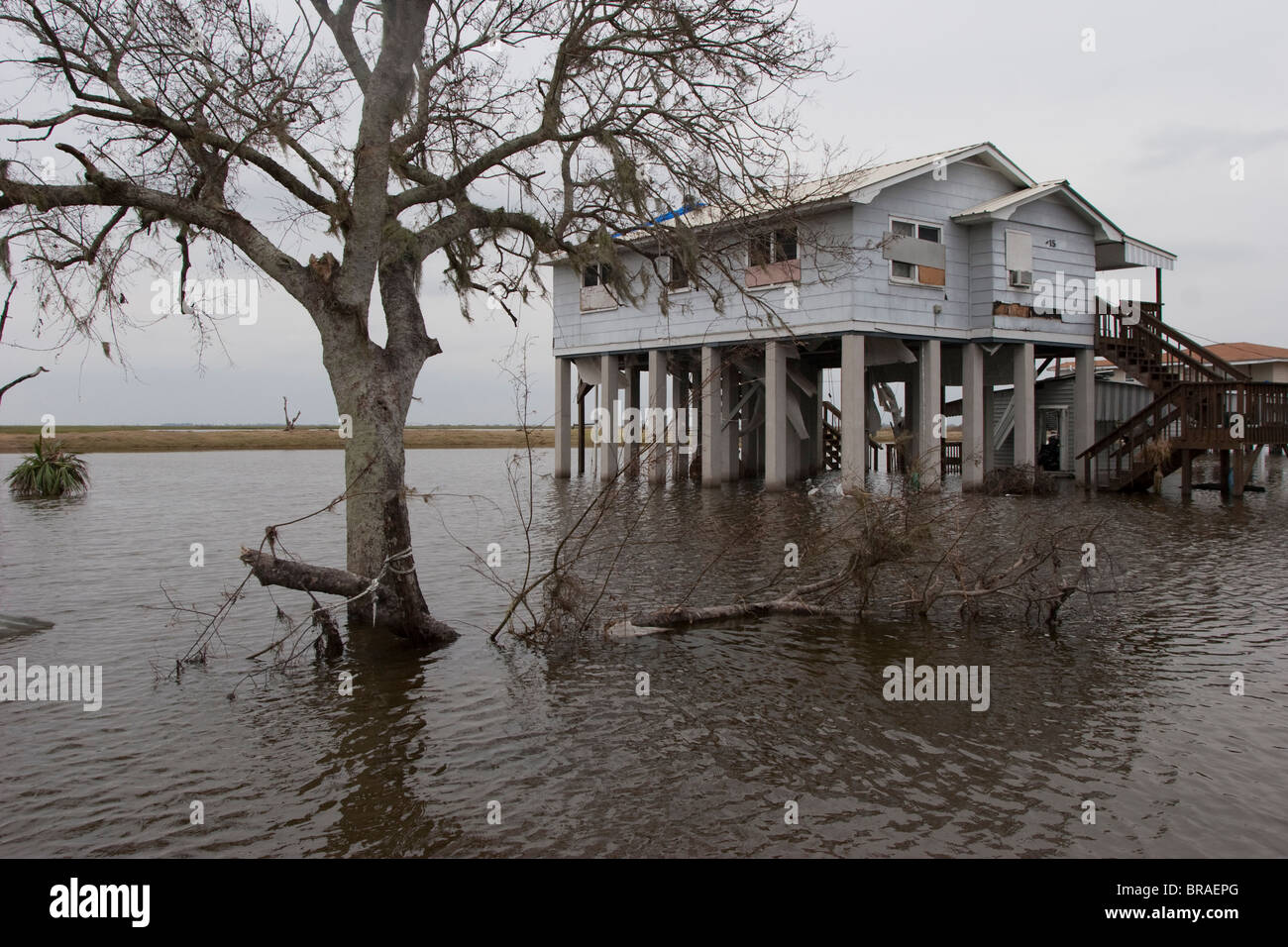 The Isle de Jean Charles in Terrebonne Parish, Louisiana is disappearing due to land loss to the Gulf of Mexico. Stock Photo